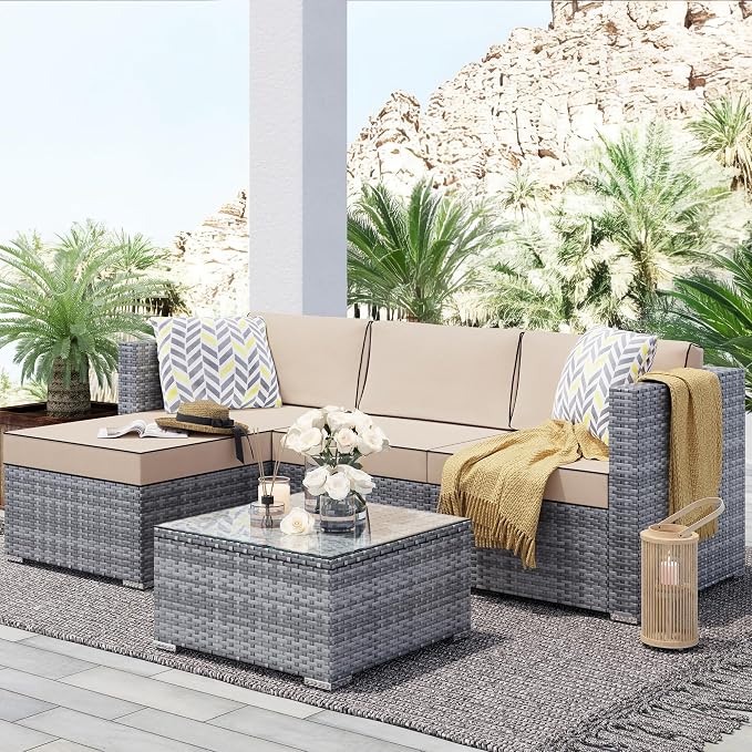 SUNLEI Outdoor Furniture Patio Sets,Low Back All-Weather Small Rattan Sectional Sofa with Tea Table&Washable Couch Cushions & Wicker Upgraded (Silver Rattan)(Khaki)