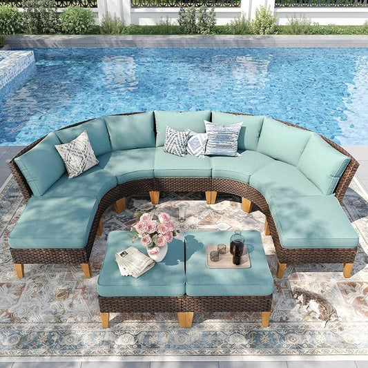 PHI VILLA 7-Piece Wicker Patio Furniture Set, Outdoor Half-Moon Curved Sectional Sofa with Thick Aqua Blue Cushions, 4 Ottomans, Large Conversation Seating for Garden or Backyard
