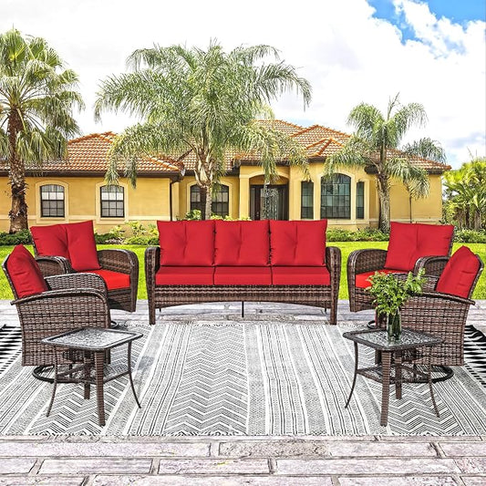 7 Pieces Patio Set, 73" PE Rattan Sofa, Coffee Table, Wicker Swivel Glider Chairs, Outdoor Conversation Furniture with Removble Cushion, Loveseat Couch for Porch, Bistro (Navy Blue)