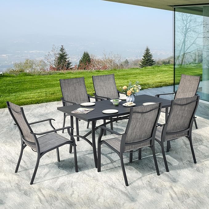 NUU GARDEN 7-Piece Patio Dining Set, Rust-Resistant Outdoor Dining Set, Include 6 Textilene Aluminum Chairs and Rectangular Dining Table with 1.6" Umbrella Hole and Aluminum Tabletop, Grayish Brown