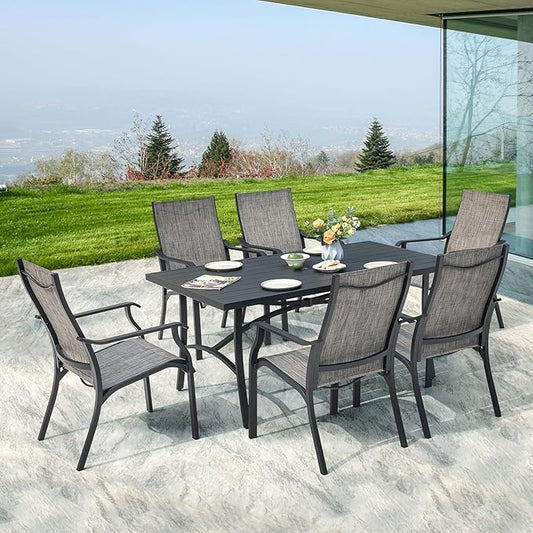 NUU GARDEN 7-Piece Patio Dining Set, Rust-Resistant Outdoor Dining Set, Include 6 Textilene Aluminum Chairs and Rectangular Dining Table with 1.6" Umbrella Hole and Aluminum Tabletop, Grayish Brown