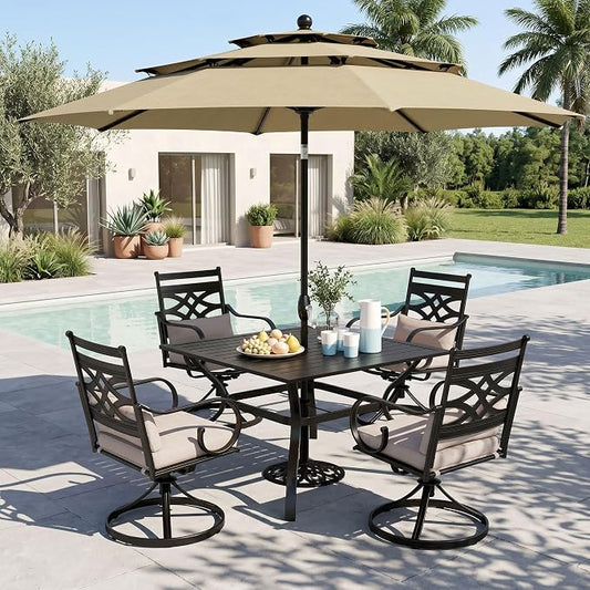 MFSTUDIO 6-Piece Patio Dining Set, 37" Square Metal Table, Swivel Chairs | Umbrella Included, Umbrella Base Not Included, Beige