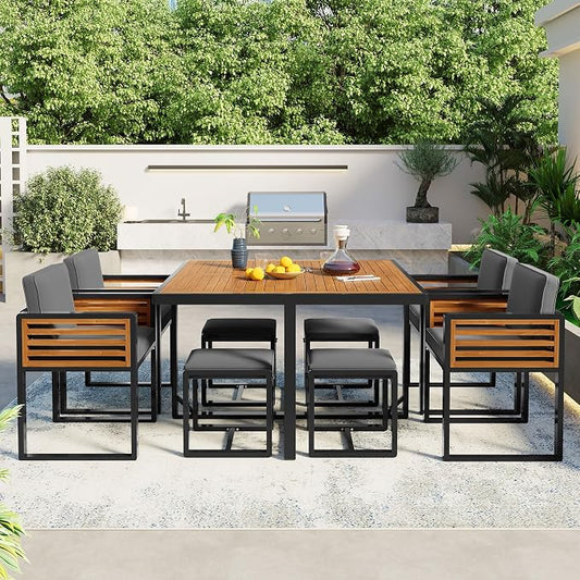 9-Piece Outdoor Patio Acacia Wood Dining Table Set, Square Table with 4 Cushioned Chairs& 4 Stools, All-Weather Resistant Conversation Set with Metal Frame, Space-Saving Design for 8 (Gray-1.8)