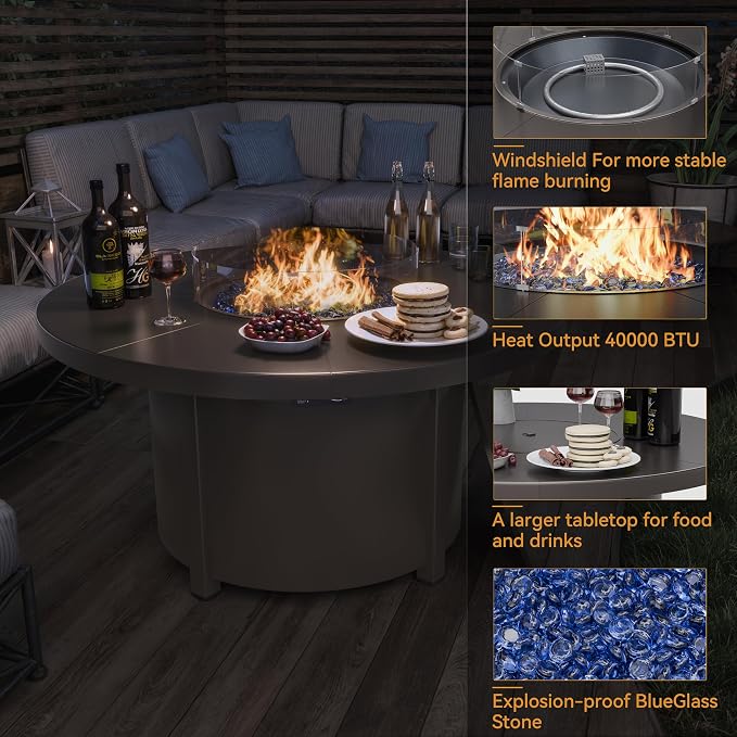 ALAULM 7-Piece Outdoor Dining Set for 6 Metal Outdoor Patio Furniture with 6 Swivel Chairs & 40000 BTU Round Fire Pit Table for Patio, Backyard, Garden-Sand