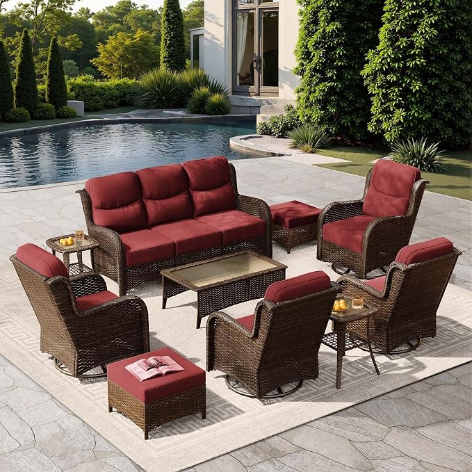 HILLGA Luxury Outdoor Patio Furniture Set with 6-Inch Thick Cushions,High Back Wicker Swivel Rocker Chairs, 10 Pcs All Weather Furniture Set for Large Deck, Yard and Poolside, Burgundy (V3)