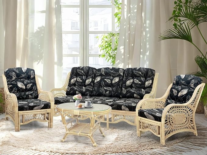 Malibu Lounge Set of 4: 2 Natural Rattan Wicker Chairs, Three-Seater Sofa and Coffee Table with Glass Handmade, Natural Color with Black Leaf Cushions