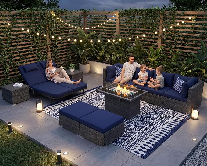 NICESOUL 11 Piece Sectional Outdoor Set with Firepit Loungers, Extra Large Backyard Seating with Fireplace, 29.3'' Highback Deep Patio Couch Sofa, All-Weather Wicker Furniture Sets for Deck, Grey&Blue