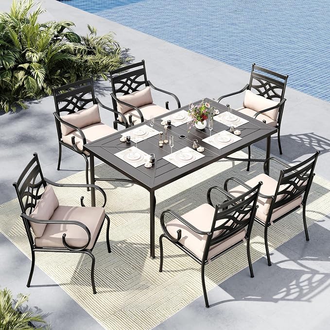 MFSTUDIO 7-Piece Patio Dining Set, 64" Metal Table, Fixed Chairs | Umbrella Hole, All-Weather Use