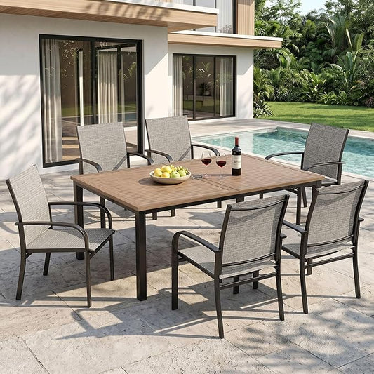 HERA'S HOUSE 7pc Outdoor Patio Dining Set, Wood-Look Metal Table, Brown | 64" rectangular table with umbrella hole, 6 textilene chairs. Waterproof, rust-resistant, all-weather for backyard, porch