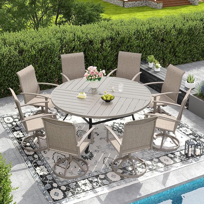 DIFY 9 Pieces Outdoor Dining Set, Metal Patio Table and Chairs Set for 8 with Umbrella Hole, 59.8" Grey Wood-Like Round Table and Sandshell Textilene Swivel Patio Chairs for Garden, Backyard, Poolside