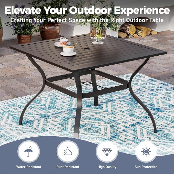 SUNSHINE VALLEY Patio Dining Set for 4, 37”Square Table with Umbrella Hole, 4 Metal Blue Chairs, Outdoor Table and Chairs for Lawn Backyard and Deck