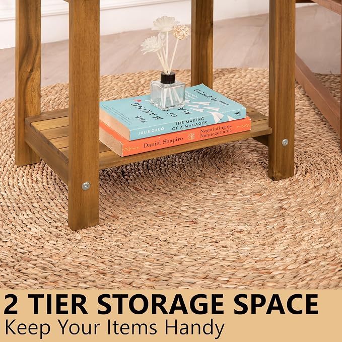 VICTORY RELAX Solid Acacia Wood Side Table with 2-Tier Storage, Weather-Resistant Outdoor Indoor End Table, Natural Rustic Color Night Stand