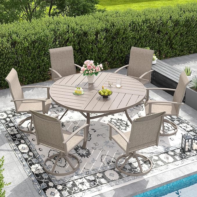 DIFY 7 Pieces Outdoor Dining Set, Metal Patio Table and Chairs Set for 6 with Umbrella Hole, 53.1" Round Outdoor Table and Textilene Swivel Patio Chairs for Garden, Backyard, Poolside, Sandshell