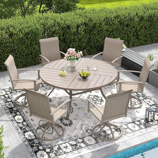 DIFY 7 Pieces Outdoor Dining Set, Metal Patio Table and Chairs Set for 6 with Umbrella Hole, 53.1" Round Outdoor Table and Textilene Swivel Patio Chairs for Garden, Backyard, Poolside, Sandshell