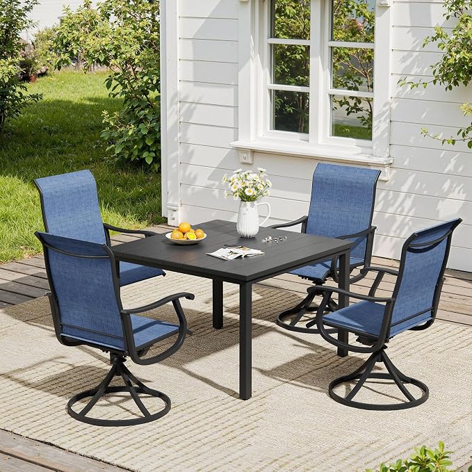 VICLLAX 5 Pieces Patio Dining Set, Patio Furniture Set of 4 Patio Swivel Dining Chairs and Square Patio Table, Navy Blue Chairs & Black Tabletop