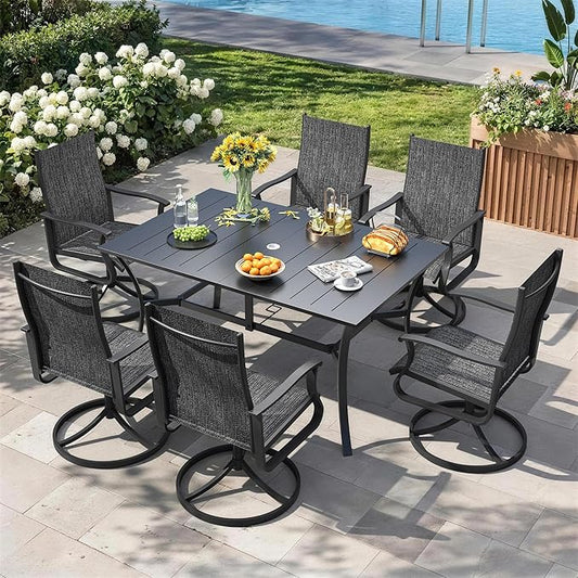 7 Pieces Patio Dining Set, Patio Outdoor Furniture Set of 6 Patio Swivel Dining Chairs and Patio Spliced Rectangular Tabletop with Umbrella Hole, for Deck, Backyard, Poolside & Garden