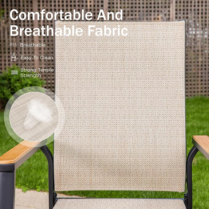 PHI VILLA Outdoor Dining Set for 8 w/Metal Table & Aluminum Chairs, Beige | Stackbale chairs, Breathable & quick-drying, Light-weight & space-saving, Rectangular Table, Umbrella Hole, Patio deck