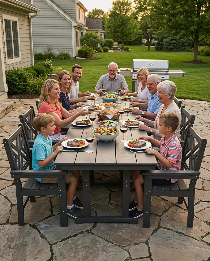 10 Piece HDPE Outdoor Dining Set for 8, Patio Dining Furniture Set with 2 Table and Umbrella Hole, Outdoor Table and Chairs for Garden, Poolside, Backyard, Deck