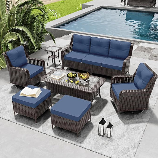 ALAULM 7 Pieces Patio Furniture Set,High Back Wicker Outdoor Sectional Furniture Set with Swivel Chairs & Coffee Table, Patio Conversation Set Thick Cushion for Backyard, Deck, Porch-Navy