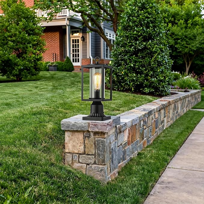 mirrea 14" Outdoor Post Light, Rectangular Pole Lamp for Outside, Lamp Post Light Fixture, Hardwired Outdoor Lighting for Yard, Deck, Cylinder Glass Shade, Matte Black, Pack of 1