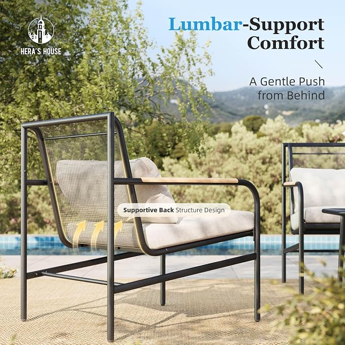 HERA'S HOUSE Patio Furniture Set, 4 Pieces Outdoor Furniture Set with 6.7'' Thick Cushions, All-Weather Patio Conversation Set with Coffee Table for Backyard, Poolside, Deck-Beige