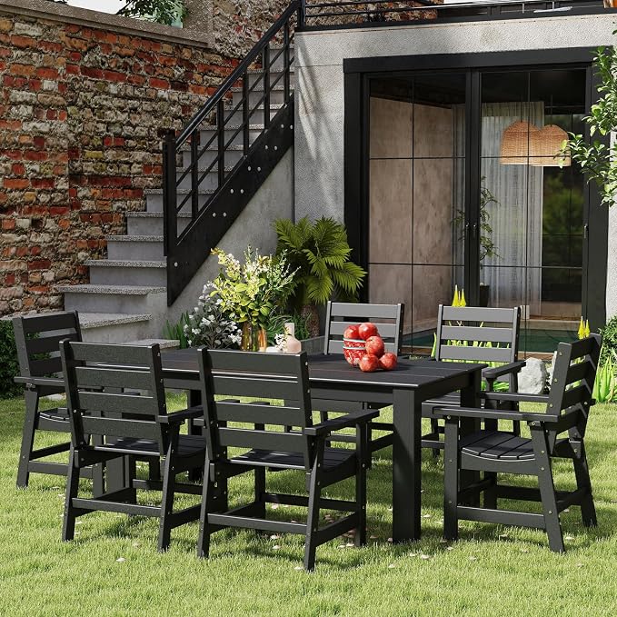 IVY&LANE Outdoor Dining Table | HDPE | 67’’ Rectangle Tables | Black | All Weather | Umbrella Hole | Patio Furniture | for Poolside Lawn Garden Backyard