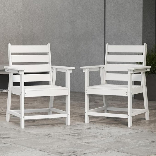 HDPE Dining Chair Set of 2, All-Weather Patio Dining Chair with Armrests, Wood Grain Texture, Heavy Duty Outdoor Furniture for Backyard, Garden.White