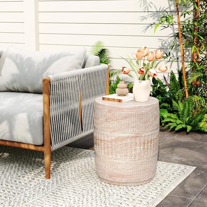 Outdoor Side Table 15" Cylindrical Shape Concrete Side Table, Patio Tables for Outside Decorative Garden Stools, No Assembly Accent Table for Patio Porch Living Room, Beige