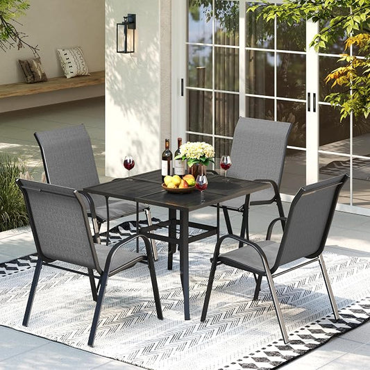 Amopatio 5 Pieces Patio Dining Set for 4, Outdoor Table and Chairs, 4 All Weather Stackable Patio Chairs, 36" Patio Spliced Square Table with Umbrella Hole, for Deck, Backyard, Garden, Gray