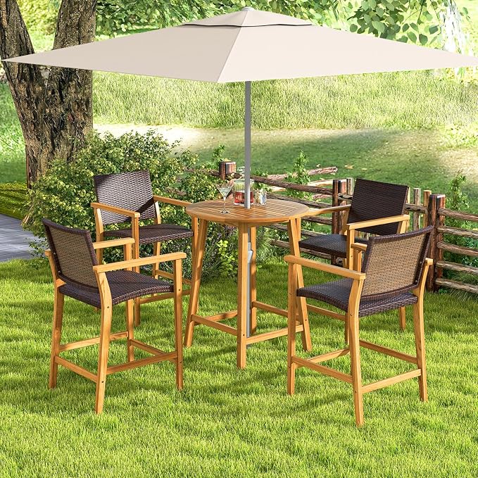 Tangkula 31.5” Acacia Wood Patio Bar Table, Round Bistro Table with Umbrella Hole, Outdoor Dining Table for Garden, Backyard, Poolside