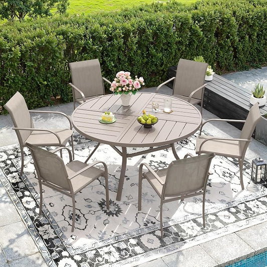 DIFY Patio Dining Set for 6, 7 Piece Outdoor Table and Chairs Set, 47.2" Round Metal Patio Dining Table and 6 Textilene Stackable Patio Chairs, for Backyard Garden Poolside, Sandshell