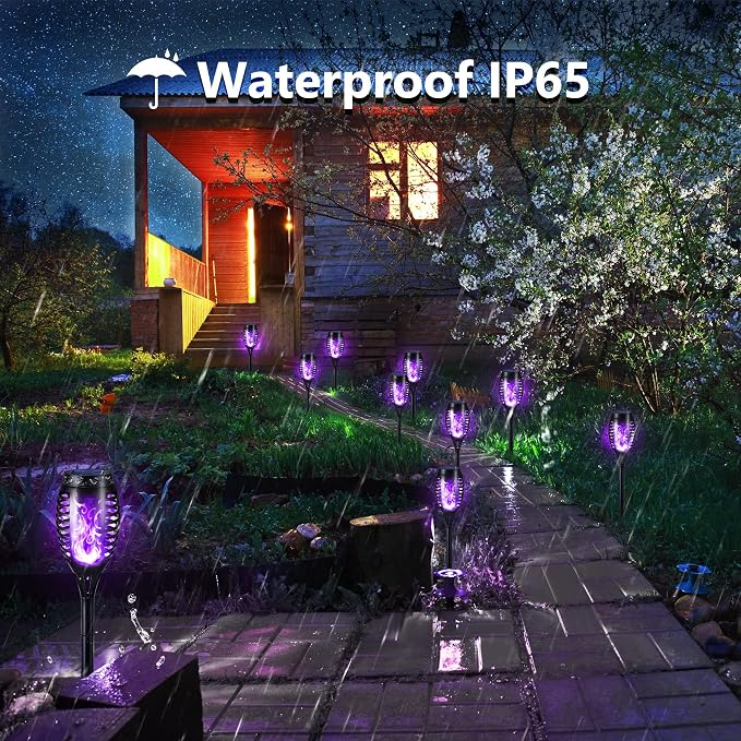 Toodour Solar Torch Flame Lights, 12 Pack Solar Lights Outdoor with Flickering Flame, Waterproof Patio Light Landscape Decoration Lighting for Garden, Lawn, Yard, Outdoor Decorations - Purple