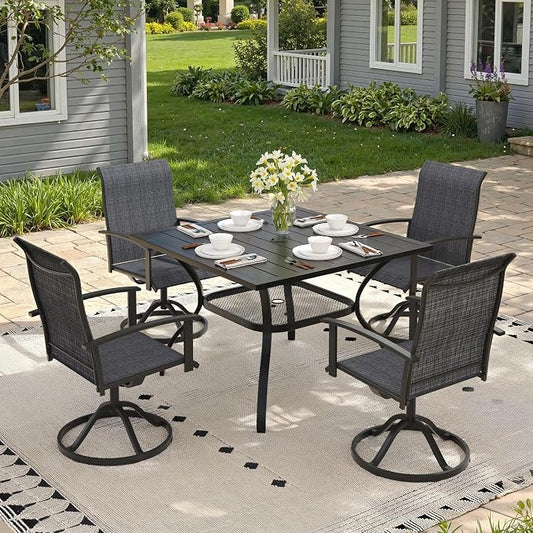 5 Pieces Patio Dining Set, Outdoor Furniture of 37.8" Square Patio Table and Patio Swivel Chairs for Backyard Lawn Garden, Black Table and Black Chairs