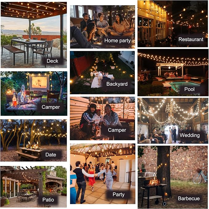 Outdoor String Lights White 50FT Waterproof Patio Lighting for Bistro Cafe | 50FT Connectable White Outdoor Lights, 27 Plastic Dimmable Edison Bulbs for Wedding Porch Garden Gazebo Balcony Deck Yard