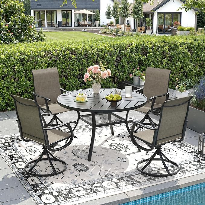 DIFY Patio Table and Chairs Set for 4, 5 Piece Outdoor Dining Set Includes 40.6" Black Round Metal Dining Table with Umbrella Hole and 4 Brown Textilene Swivel Patio Chairs, for Garden Backyard Deck