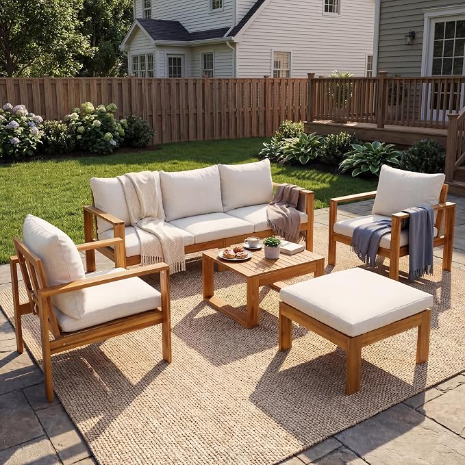 JIVOIT Outdoor 5 Pieces Sectional Patio Sofa Set, Acacia Wood Conversation Set with Coffee Table, Ottoman and 2 Chairs for Backyard Porch Garden Balcony