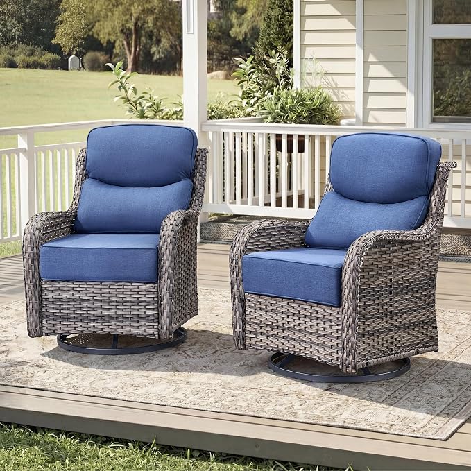 Luxury Wicker Patio Furniture Set-High Back Outdoor Swivel Chairs Set of 2 with 6" Thick Cushions Wide Armrest All Weather Patio Conversation Sets for Deck Porch Balcony(Grey/Blue)