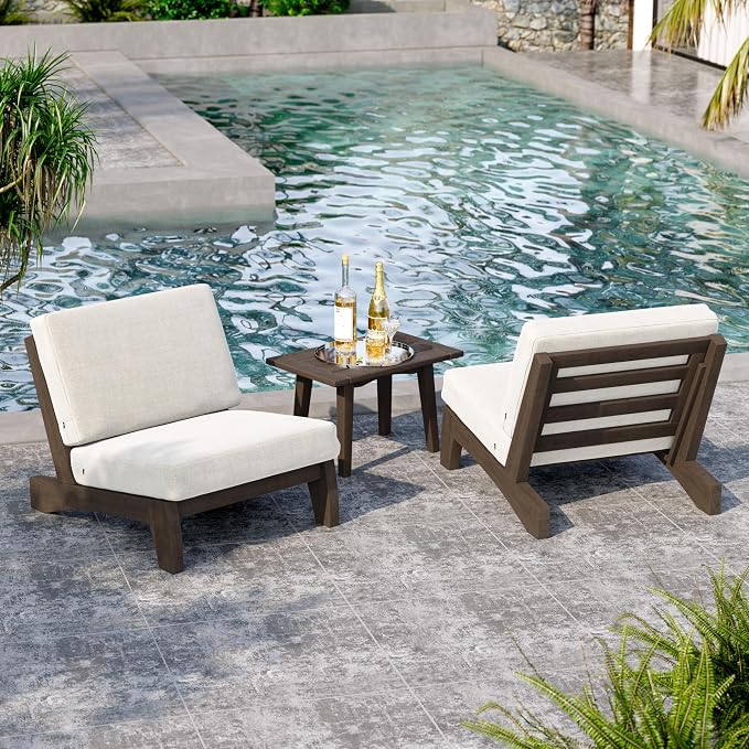 2 Piece Wood Patio Chair Outdoor Bistro Set, All Weather Outdoor Furniture Patio Sofa Chair Backyard Seating Group Conversation Sets with Cushions, Beige