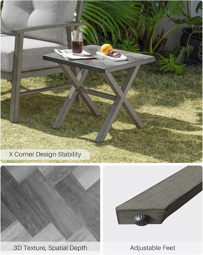 Never-Rust Aluminum Outdoor Side Table, Anti-Rust Outside Patio Side Table with Resin Tabletop, Modern Weather Resistant Square Patio End Table for Yard, Garden, Poolside, Limed Oak