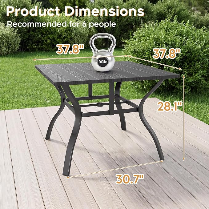 Outdoor Dining Table for 4-38" x 38" Matel Patio Table with E-Coated Finish, 1.6" Umbrella Hole for Garden, Backyard