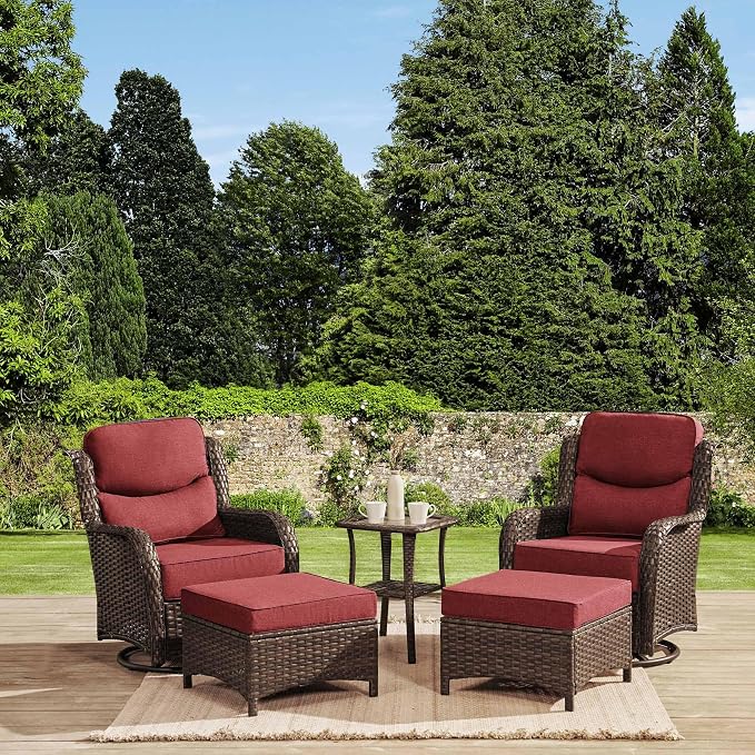 HILLGA Luxury 5PCS Outdoor Swivel Rocker Patio Chairs of 2 with 6 Inch Thick Cushions and Side Table, All Weather Outdoor Chairs High Back Wicker Patio Furniture Set for Porch and Deck, Burgundy