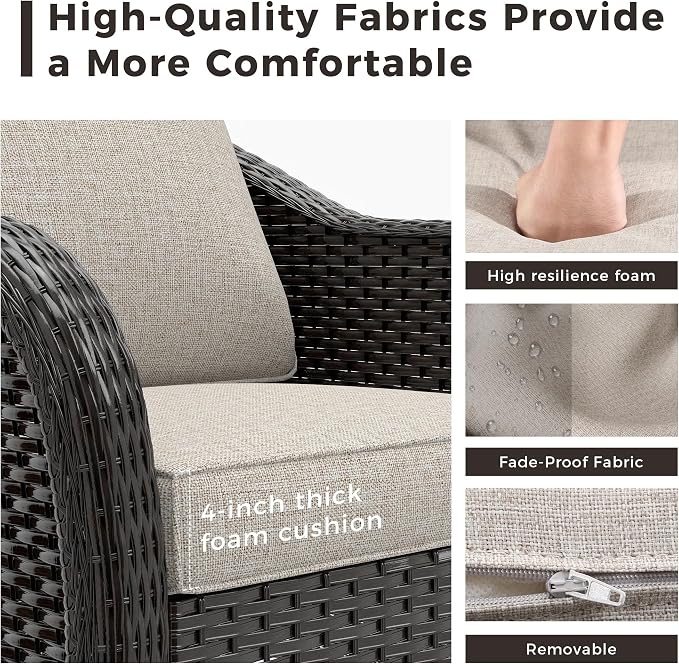 Outdoor Swivel Chairs with Side Table, Patio Wicker Chairs, Outside Conversation Furniture Set with Washable Cushions for Sunroom, Gazebo, Poolside (Beige)