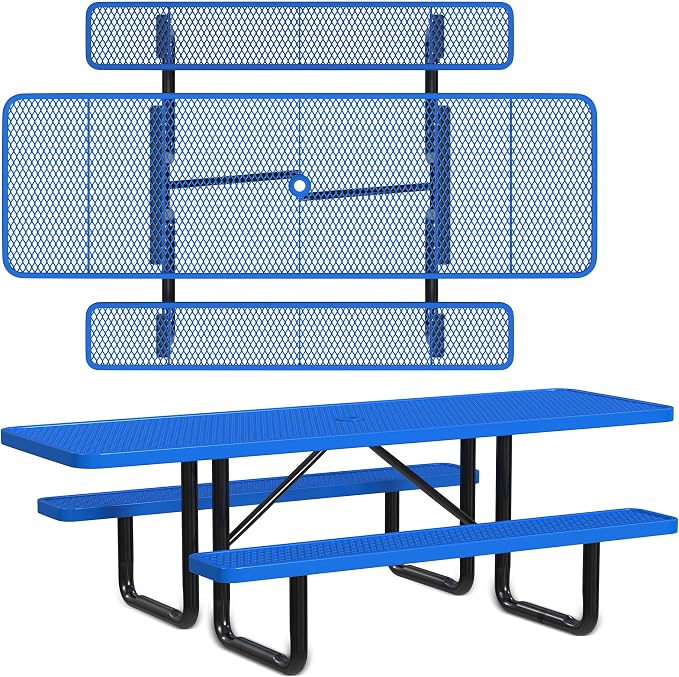Leisure Craft Metal Picnic Table with Bench - 8 ft Rectangle Outdoor Dining Table with Umbrella Hole, Heavy Duty Thermoplastic Coating, ADA Compliant, Commercial Grade Furniture Made in USA - Blue