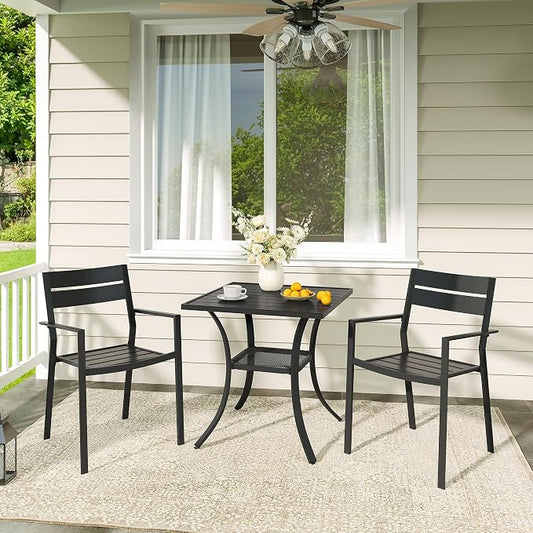 VICLLAX Patio 3 Pieces Outdoor Bistro Table Set, Wrought Iron Metal Furniture with 28" Square Table and 2 Stackable Chairs, Patio Dining Set for Patio, Lawn, Garden, Porch, Black