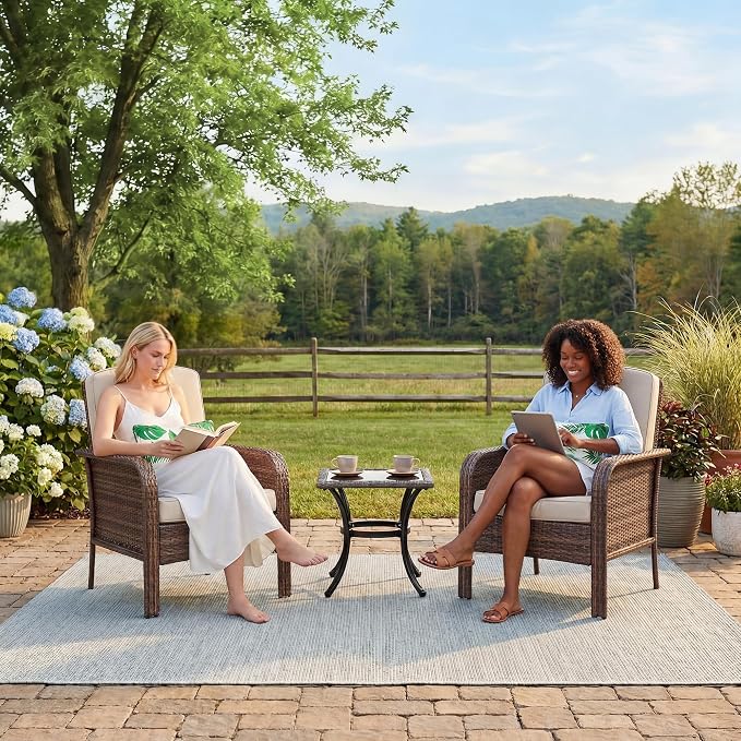 GarveeTech Outdoor Wicker Chairs,2-Piece Brown Patio Furniture Set, All-Weather High-Back Rattan Chair with Thick Cushions for Deck, Porch, Balcony, Backyard, Garden(Brown Wicker with Beige Cushions)