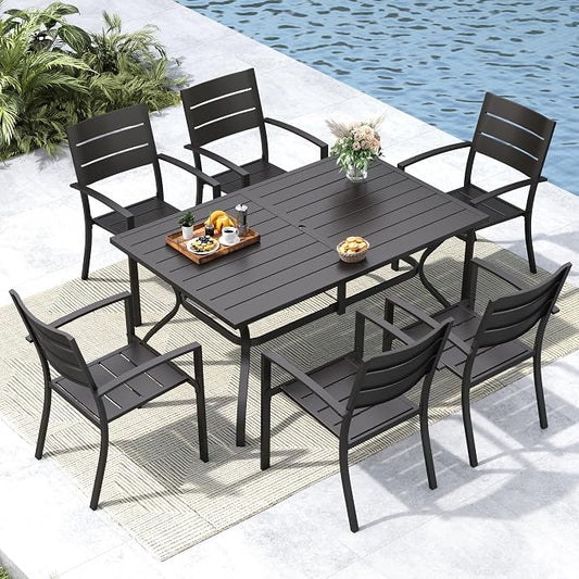 MFSTUDIO Patio Table and Chairs Set, Black Metal Outdoor Dining Set for 6, 7 Piece Wrought Iron Patio Furniture Dining Set for Deck Backyard Garden