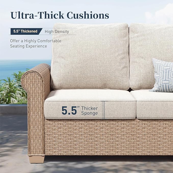 SUNSHINE VALLEY Patio Furniture Set, Wicker Rattan Outdoor Furniture Set with 5.5 Inch Thick Cushions, 2 Chairs and Fire Pit Table, 4 Pieces 5 Seats Patio Conversation Set for Backyard Deck, Beige