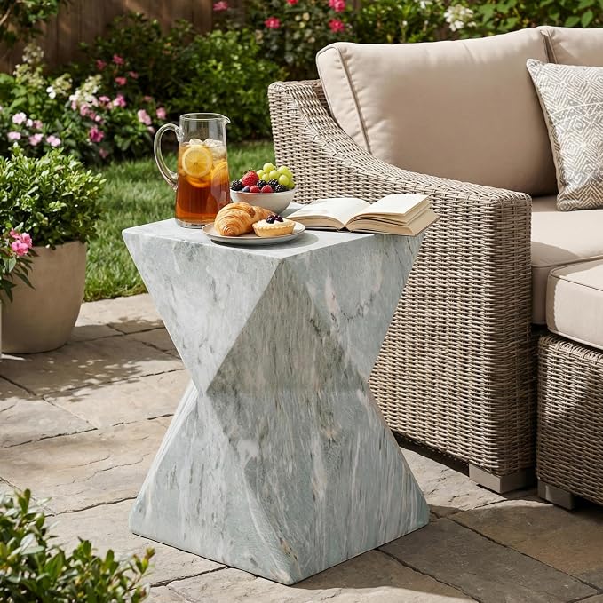 Merax 18.5" H Modern Geometric MGO Side Table, Hourglass Accent Table with Faux Marble Finish - Weather Resistant End Table for Indoor and Outdoor Use, Living Room, Bedroom & Patio, Green Marble