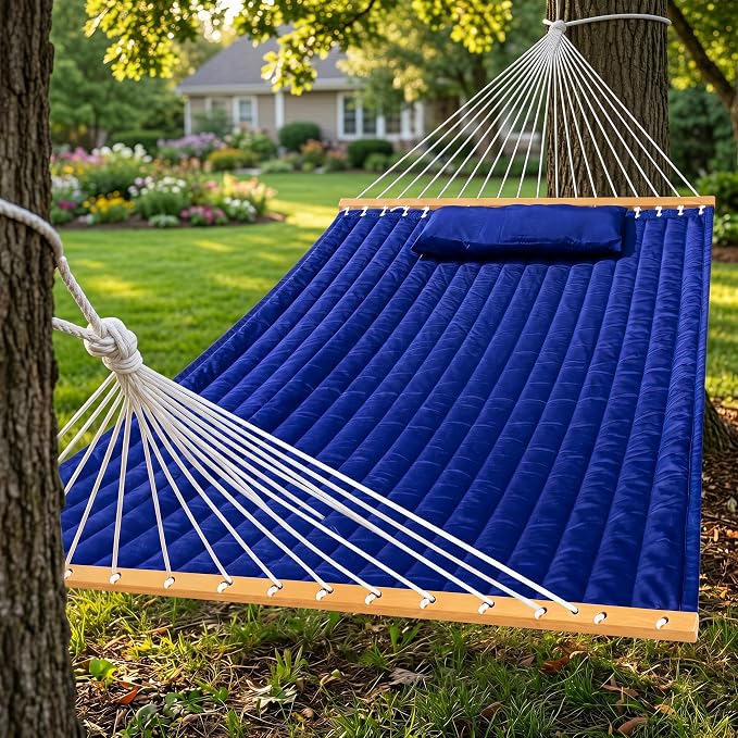 Double Quilted Hammock with Spreader Bar, Pillow & Chains, 450 lbs Capacity, Weather Resistant, for Patio, Backyard, Beach, Outdoor, Navy Blue