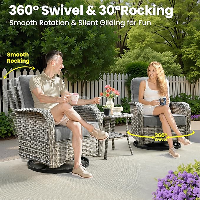 ovios 8-Piece Patio Furniture Set with L-Shape Sofa Chaise, Outdoor Sectional Couch Swivel Gliders, Modern Modular Wicker Rattan Conversation Set, Dark Grey
